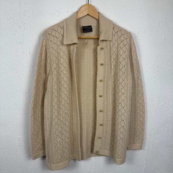 Vintage 70s Cream Open Knit Cardigan Medium Crochet Button Up Boho Cottagecore - Picture 1 of 4